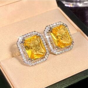 NEW Big Citrine Cubic Zirconia Silver Stud Earrings